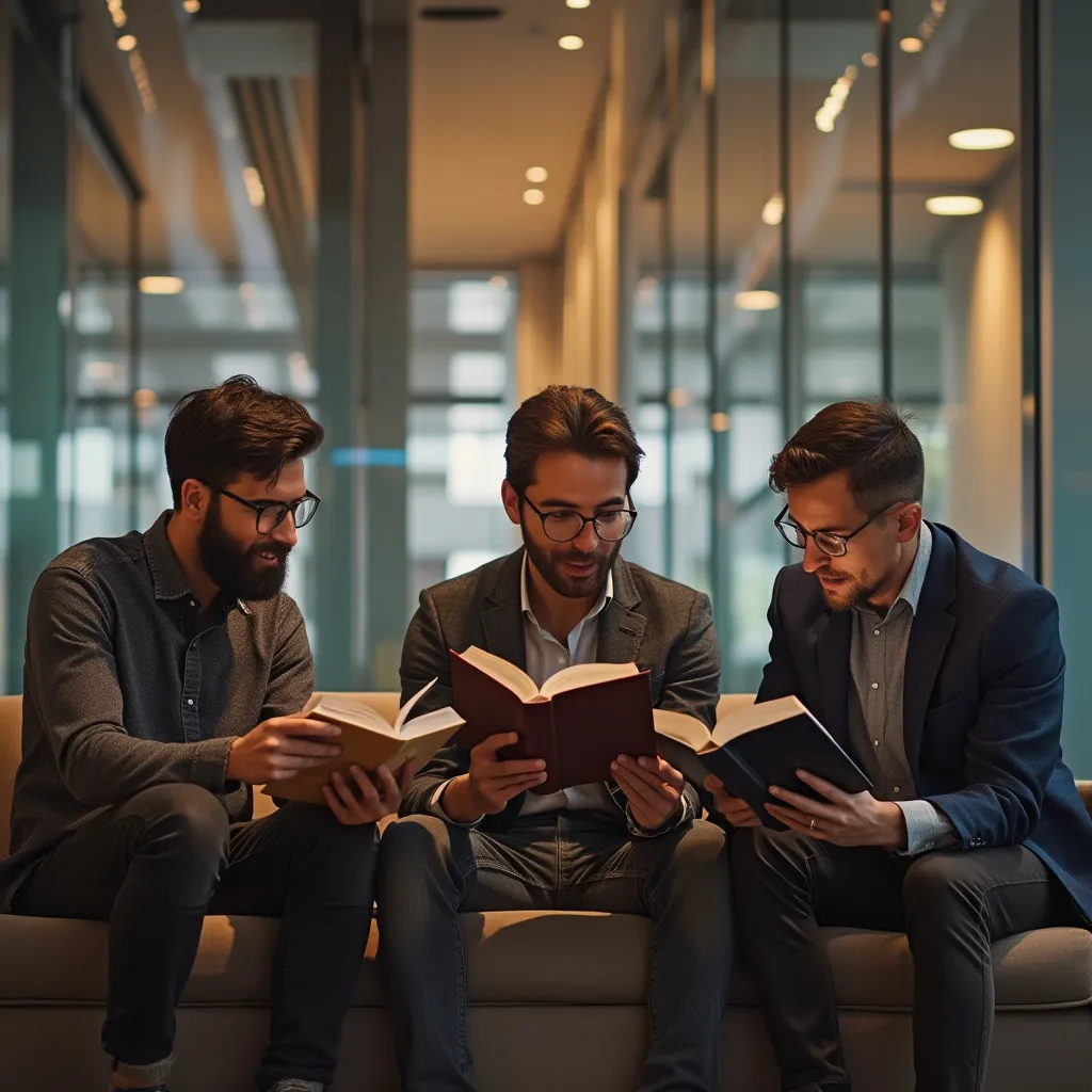 Equipo leyendo libros de negocio en oficina moderna