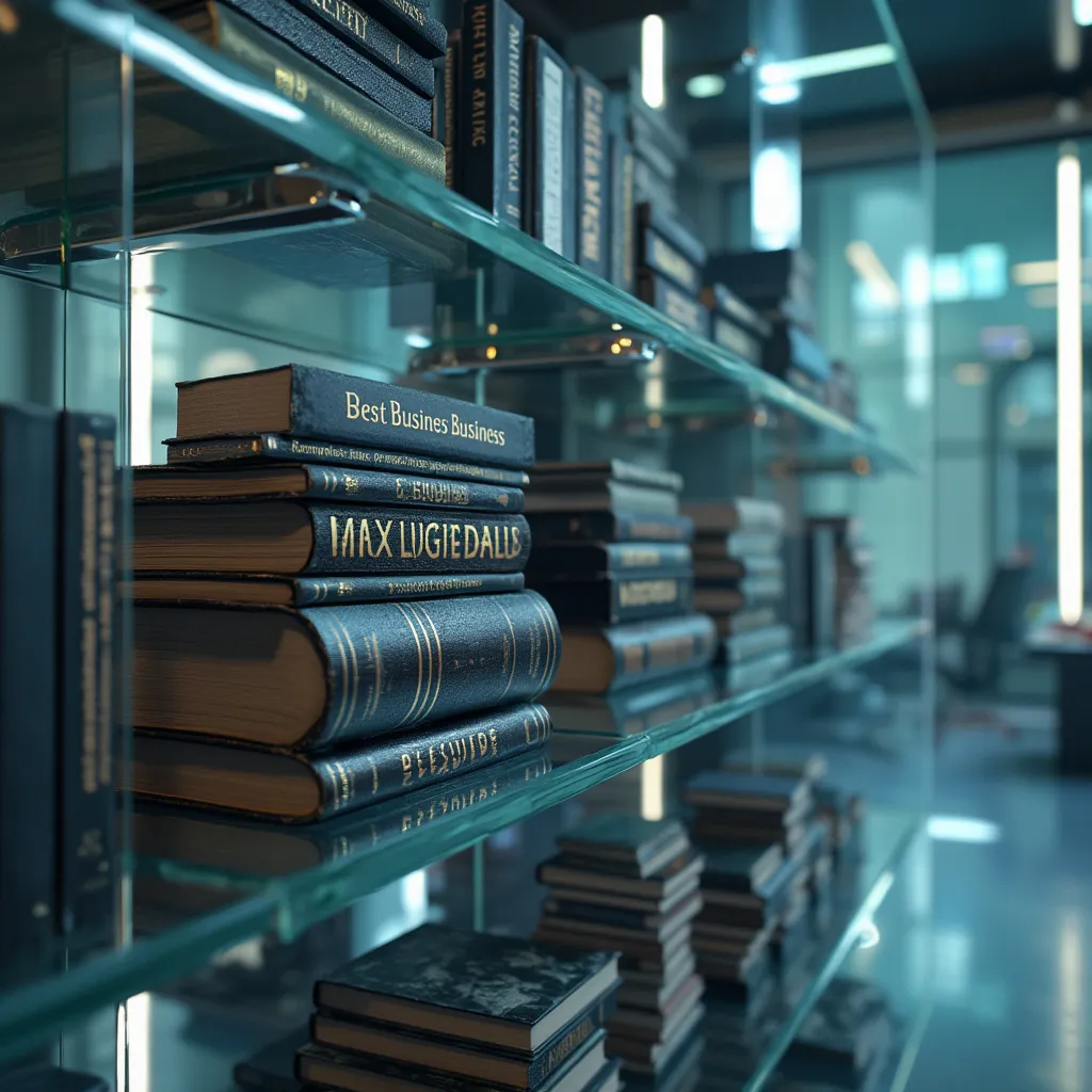 Libros de estrategia empresarial apilados en estantería de vidrio